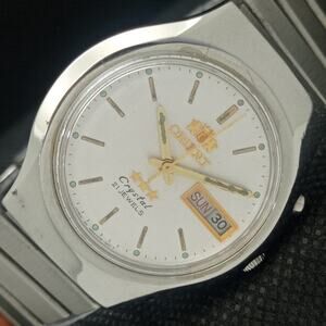 Vintage 1982 Orient Automatic Mens Silver Watch W/daydate & Gold accents